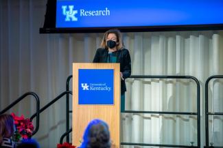 Betty Lorch (Associate Dean for Research, College of Arts & Sciences) introduces her colleagues Molly Blasing, Christopher Pool and DaMaris Hill. 