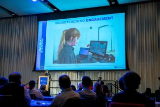 Kera Ackerman (Assistant Professor, Dept of Early Childhood, College of Education) demonstrates the virtual method UK education students employed to practice teaching skills.