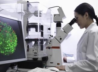 UK Researcher in lab with microscope