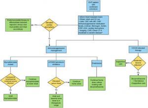 Flow diagram delineating suggested treatment strategy in heart transplant recipients with COVID-19 infection.